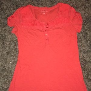 Coral shirt with half button and tab sleeve